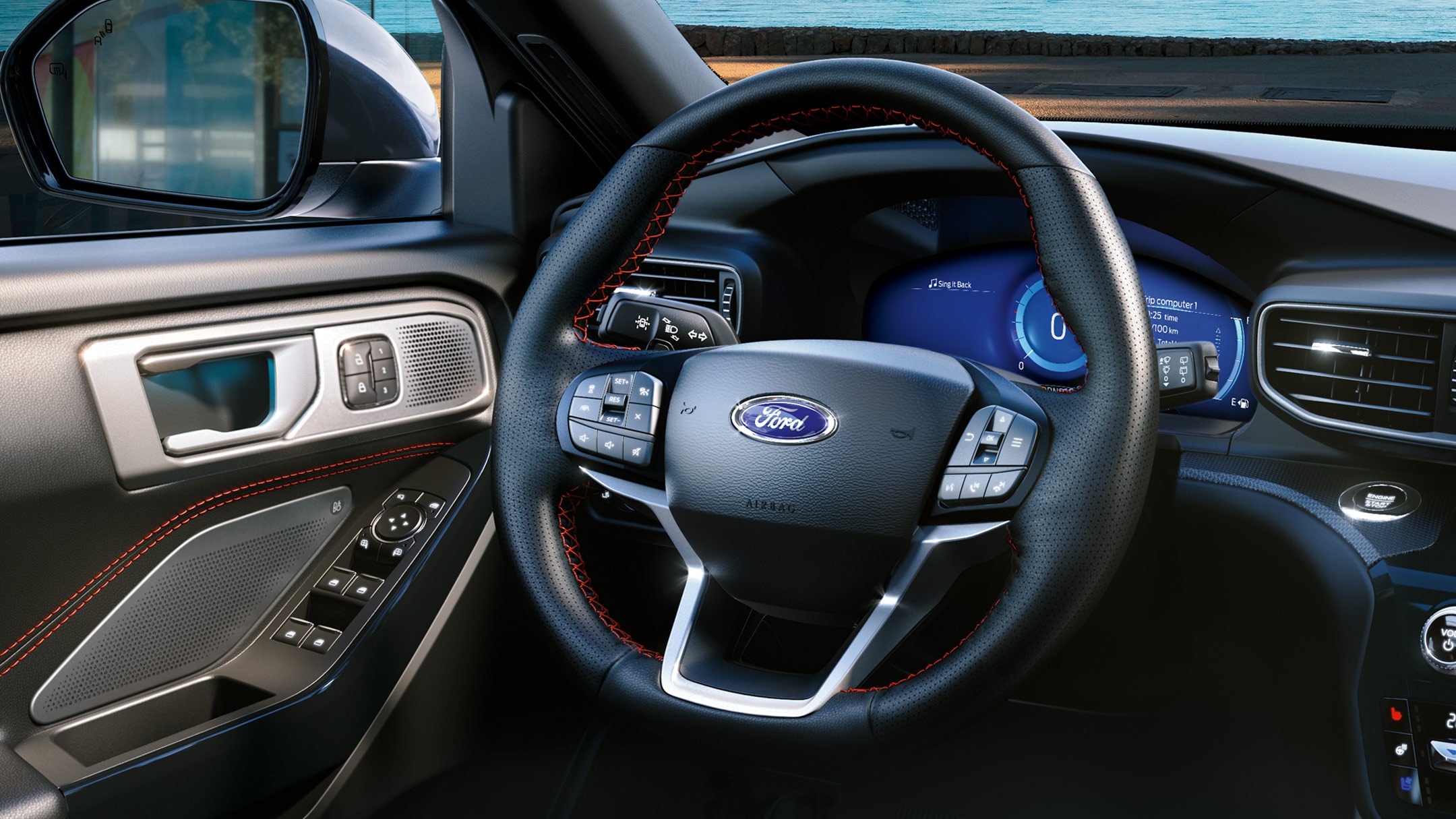 Wnętrze Forda Explorer – kierownica i manetki zmiany biegów