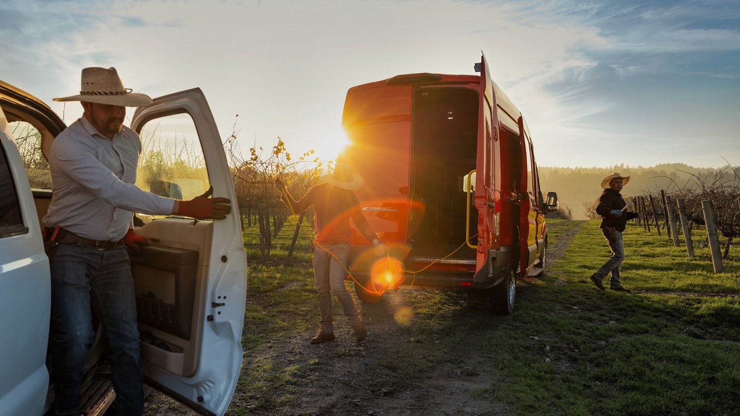 Ford Transit and workers in vineyard