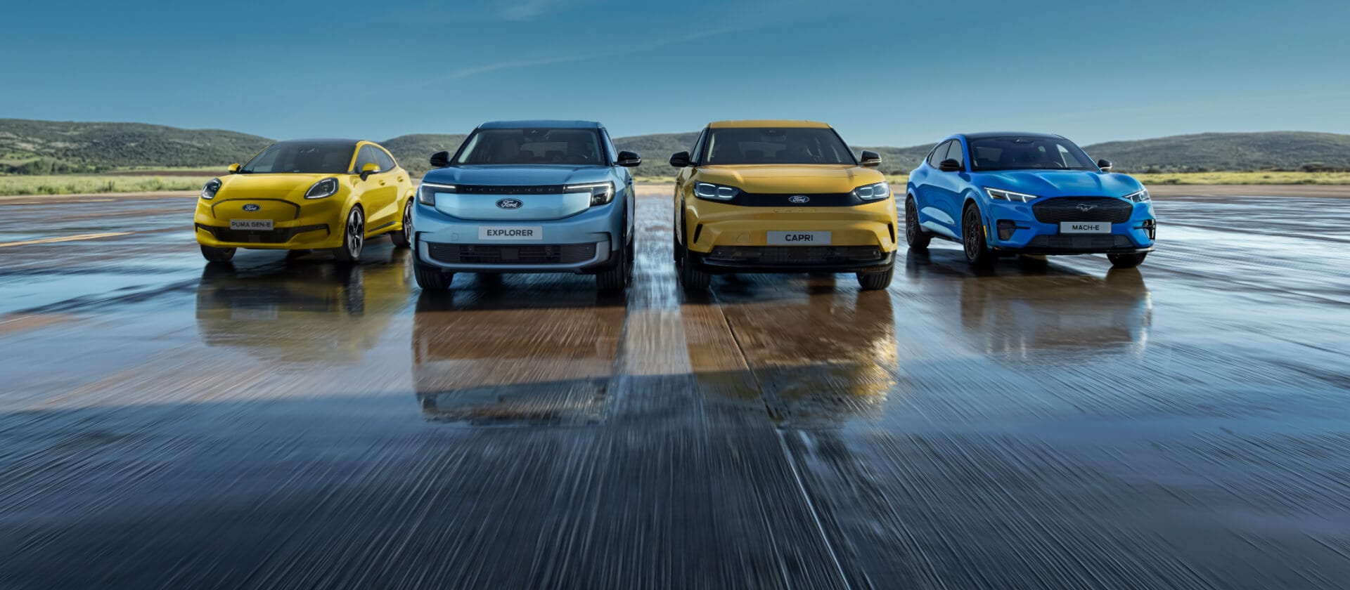 Gama samochodów elektrycznych Forda, w tym Ford Puma Gen-E, Ford Explorer, Ford Capri i Ford Mustang Mach-E.