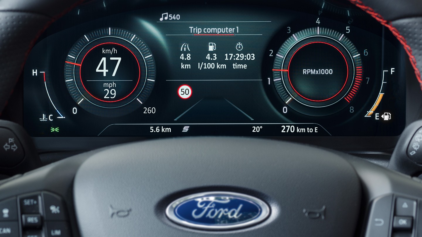 Ford Puma STclose up on cluster indicating traffic sign