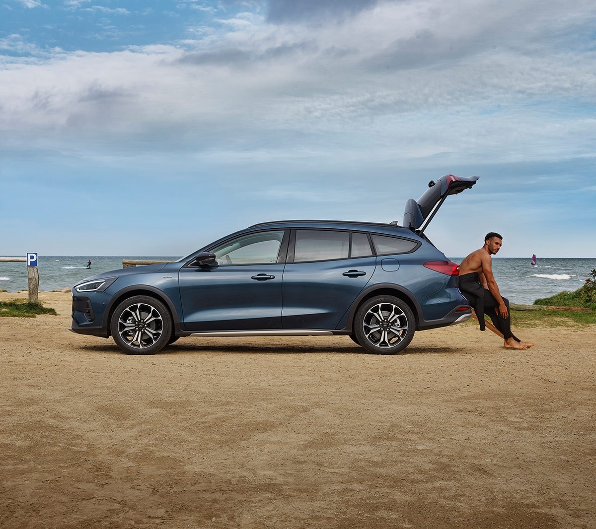 Ford Focus in side view parked on a beach