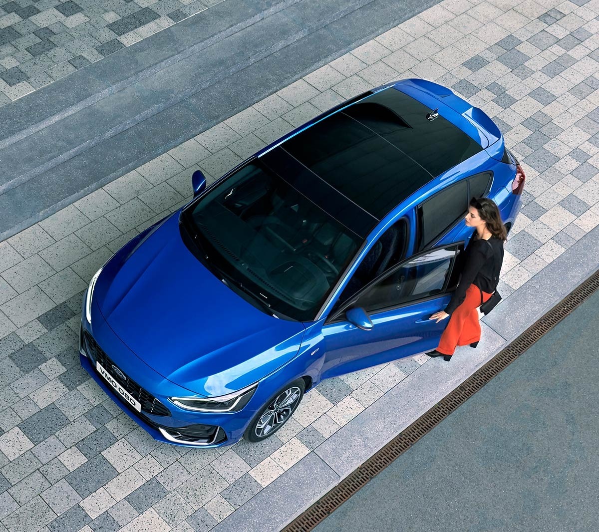 New blue Ford Focus top view of panorama roof