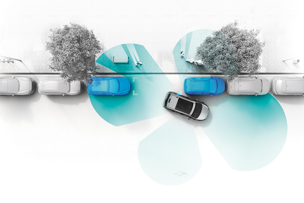Grafika przedstawiająca Forda Tourneo Connect korzystającego z funkcji aktywnego asystenta parkowania (Active Park Assist).