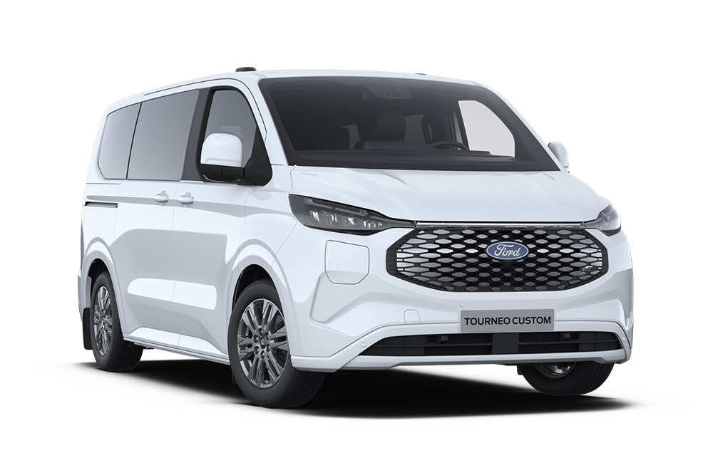 Widok z przodu z lewej strony na białego Forda E-Tourneo Custom Titanium.