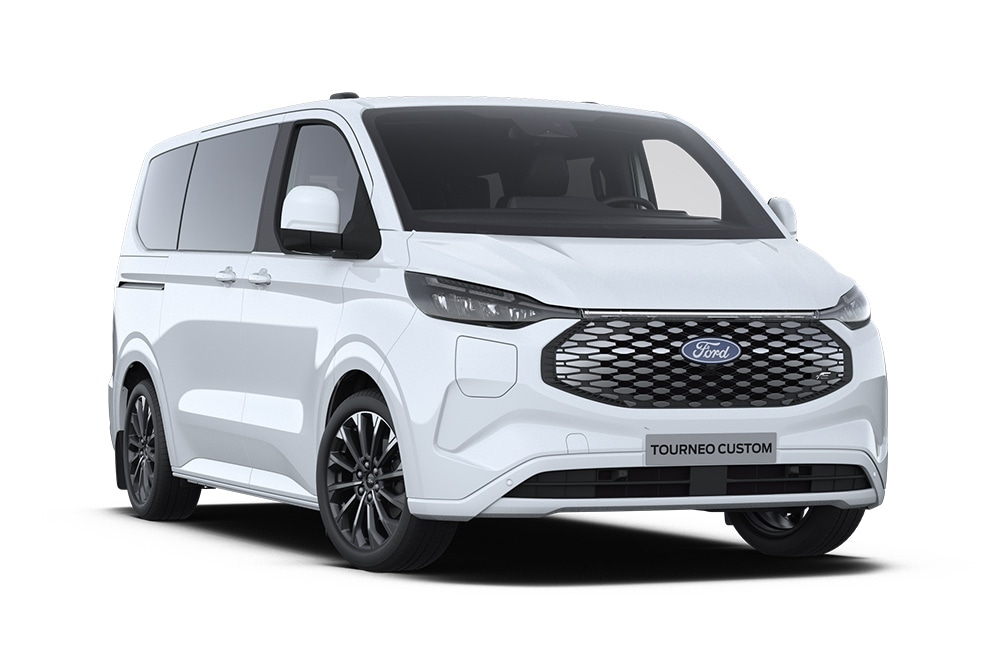 Widok z przodu z lewej strony na białego Forda E-Tourneo Custom Titanium X.