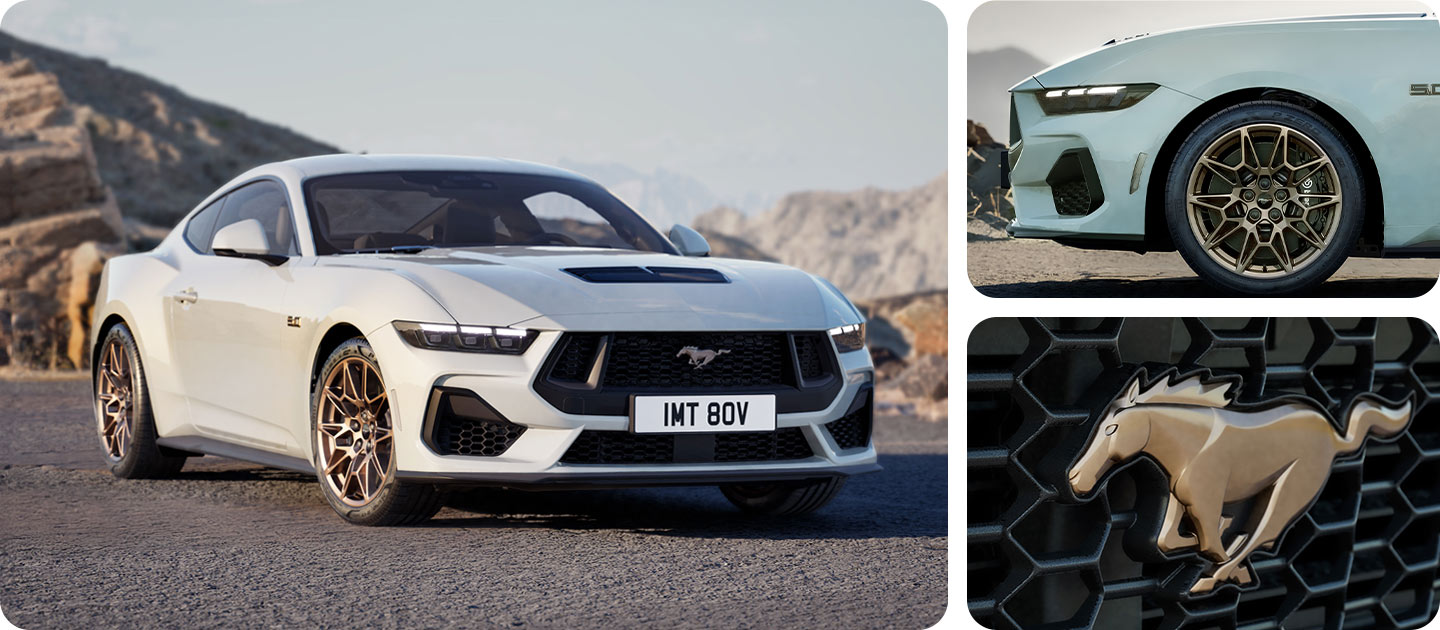 Trzy zdjęcia w siatce przedstawiające biały Ford Mustang GT Coupe z pakietem Bronze Pack na górskiej drodze