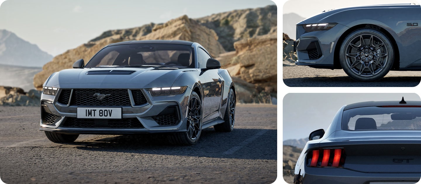 Trzy zdjęcia w siatce przedstawiające szary Ford Mustang GT Nite Pony Coupe na górskiej drodze