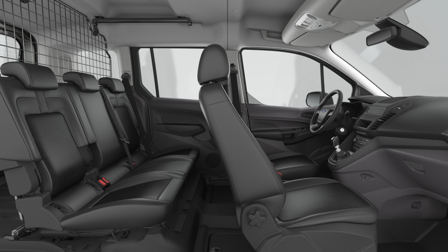 Transit Connect Kombi interior with steering wheel and front and back seats