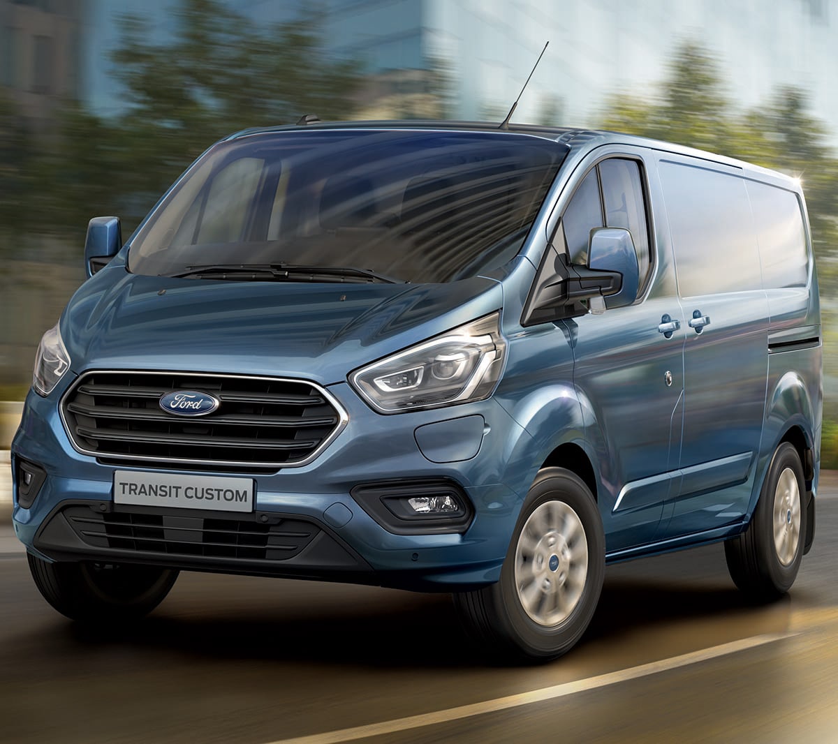 New Blue Ford Transit Custom driving on road