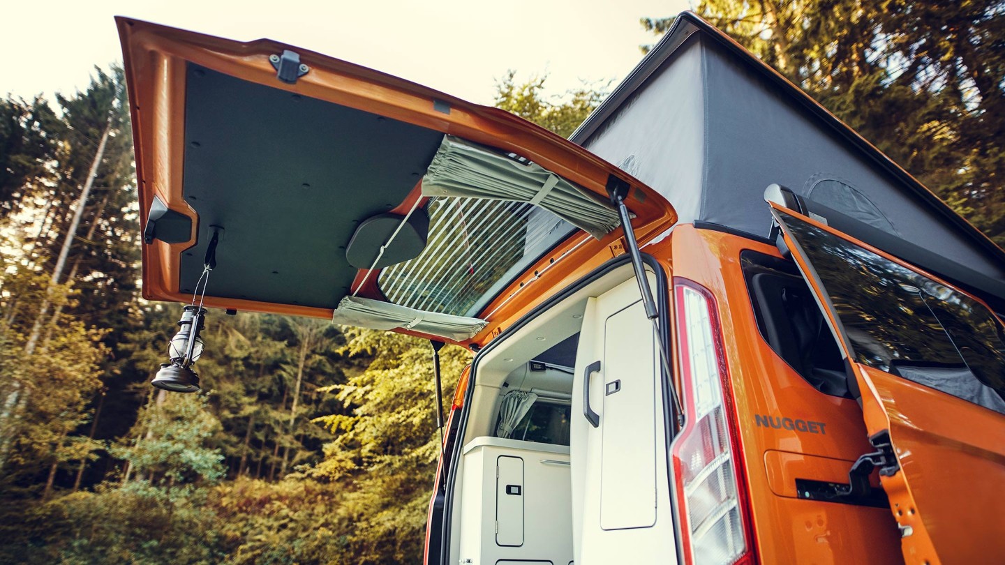 Orange Ford Transit Custom Nugget open rear lift gate