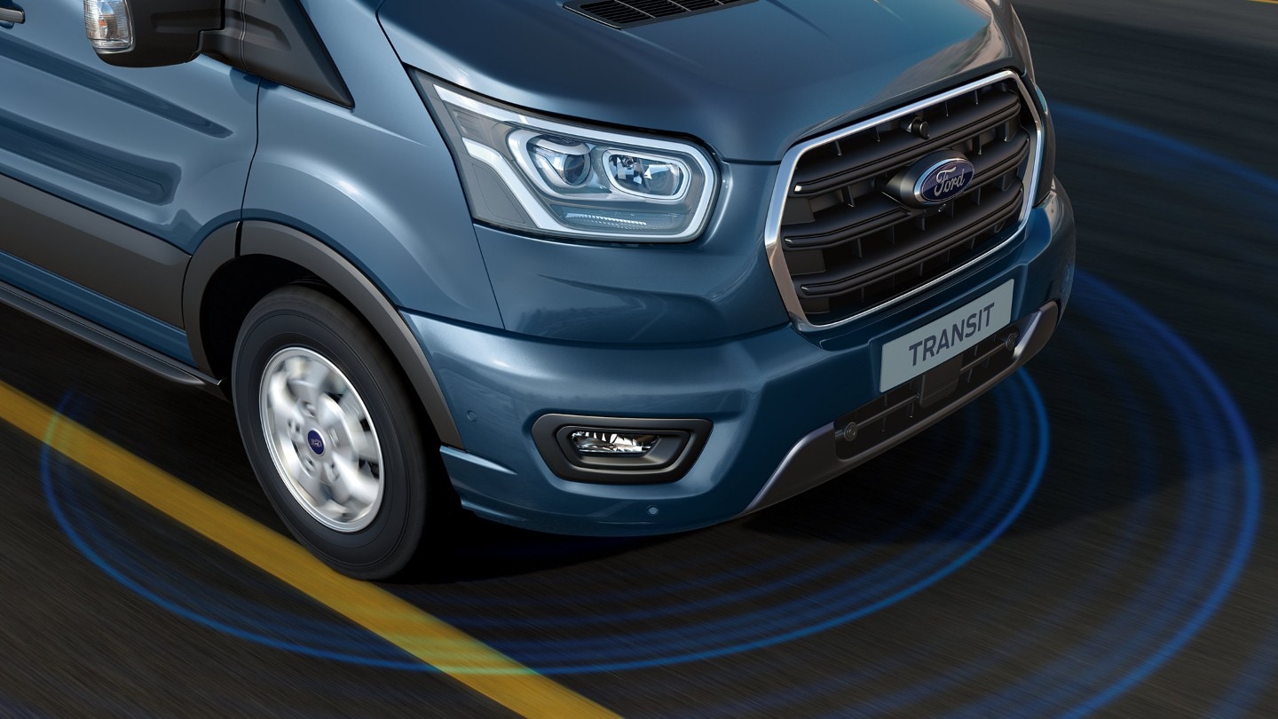 Ford Transit Van diagram obrazujący działanie systemu wspomagającego utrzymanie pojazdu na pasie ruchu