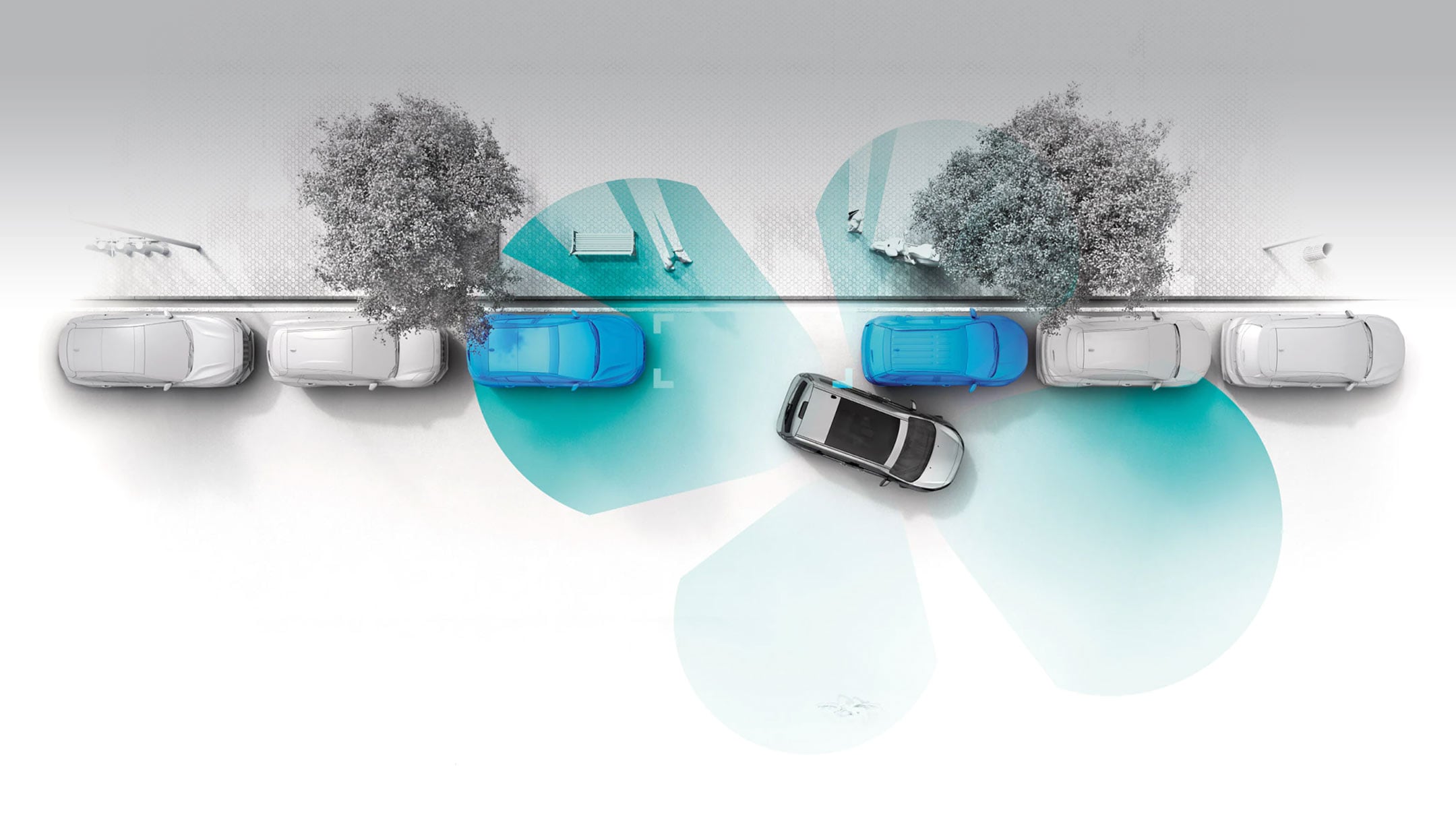 Graphic showing the Ford Tourneo Connect using the Active Park Assist feature.
