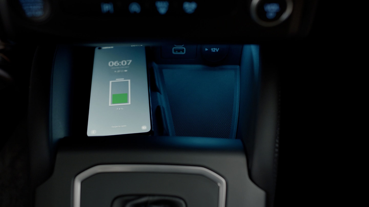 Photo of the Ford Tourneo Connect interior showing the phone charging functionality