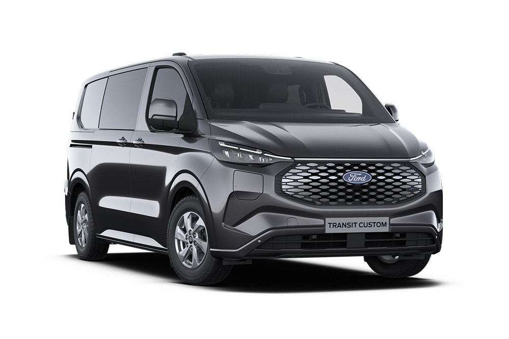 Ciemnoszary van brygadowy Ford E-Transit Custom Limited, widok z przodu.