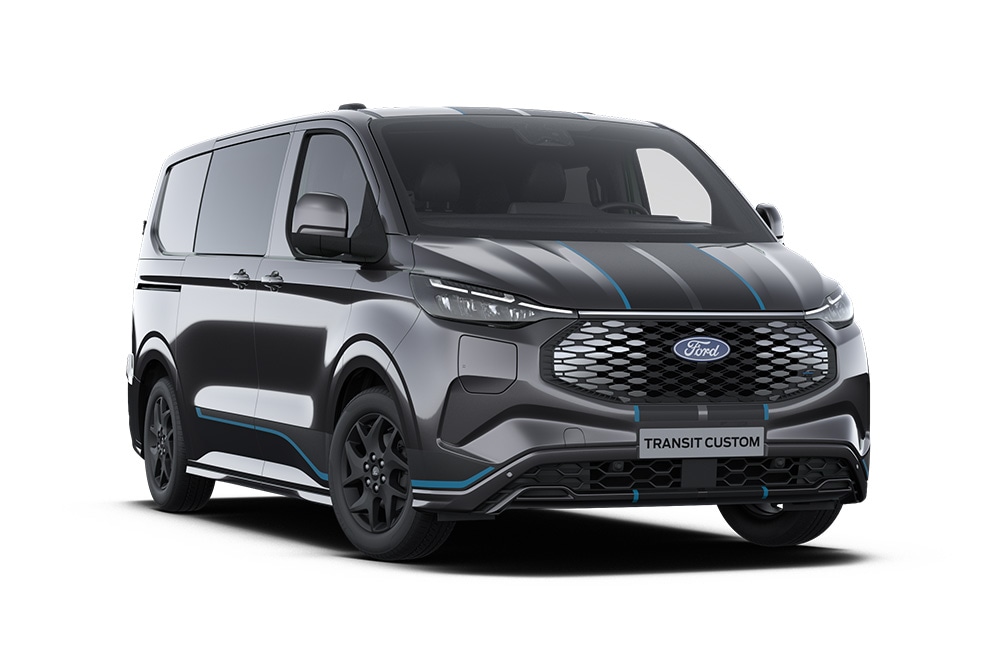 Ciemnoszary van brygadowy Ford E-Transit Custom Sport, widok z przodu.