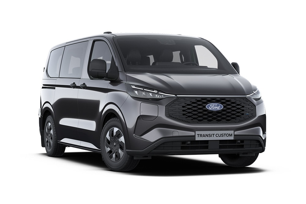Ciemnoszary van Ford Transit Custom Trend Kombi, widok z przodu.
