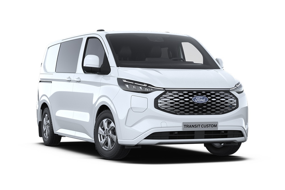 Biały elektryczny van brygadowy Ford E-Transit Custom, widok od przodu.