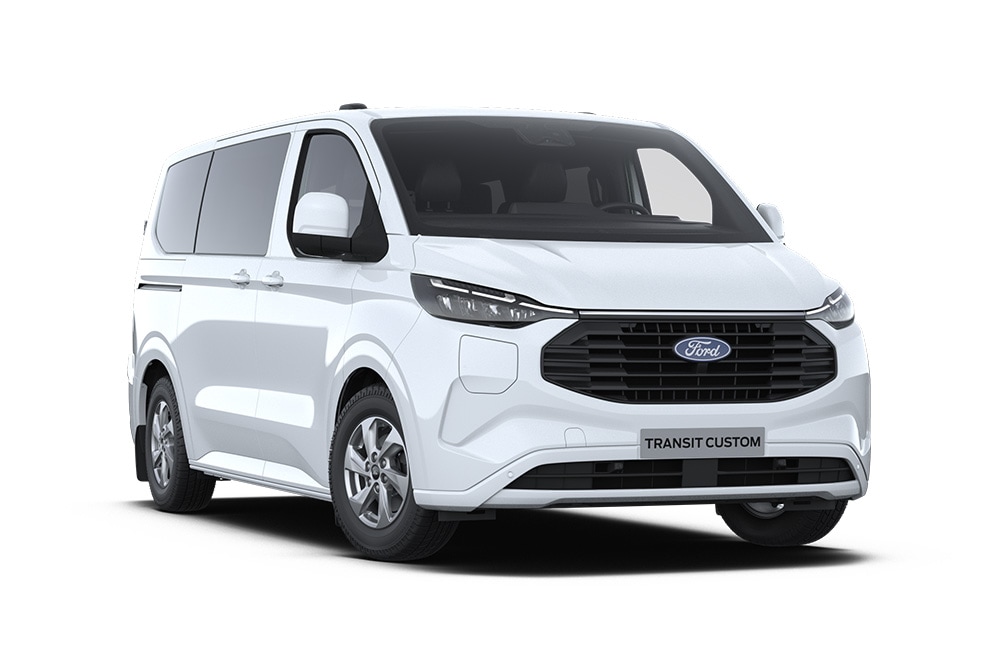 Biały elektryczny Ford E-Transit Custom Kombi, widok od przodu.