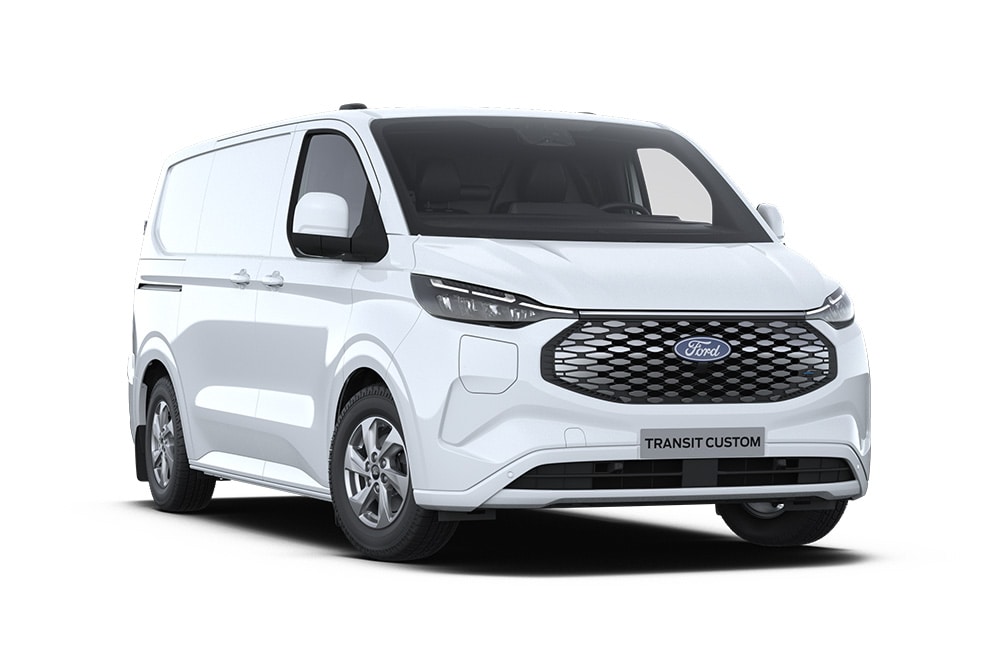 Biały elektryczny van Ford E-Transit Custom, widok od przodu.