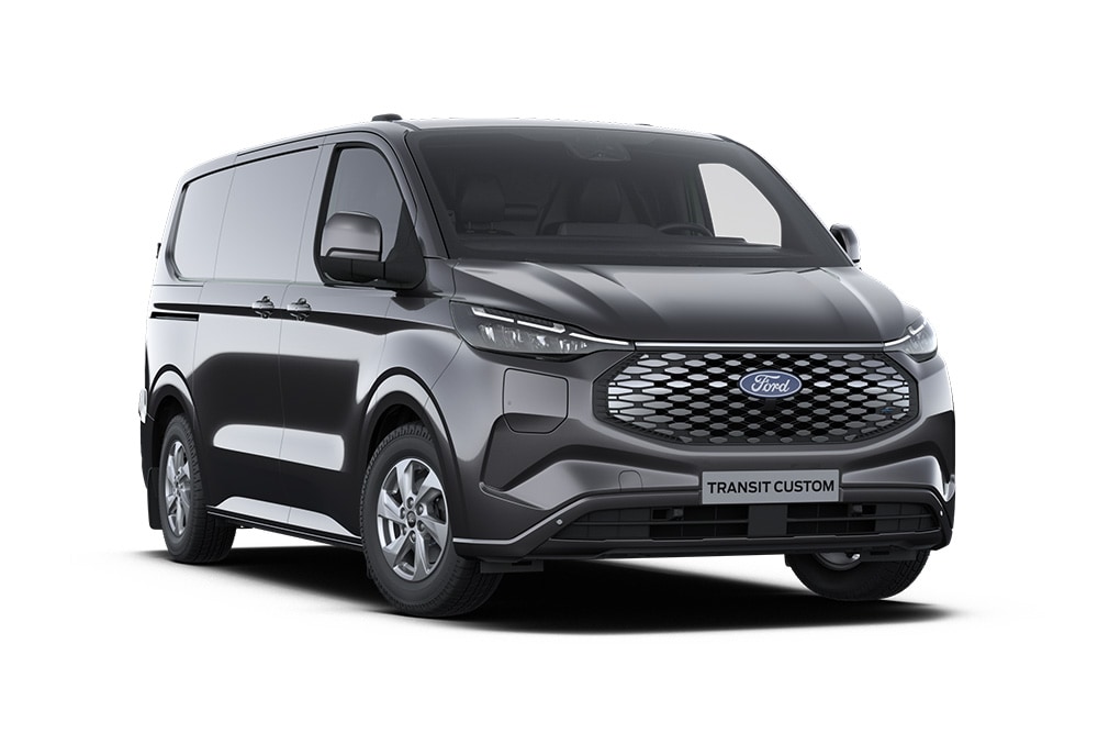 Ciemnoszary van Ford E-Transit Custom Limited, widok z przodu.