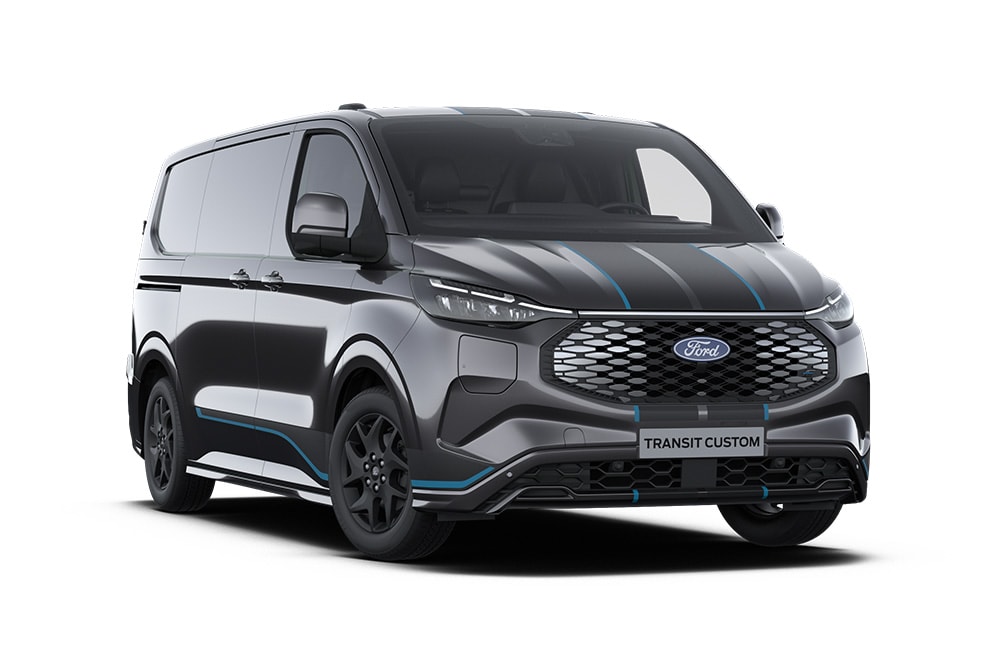 Ciemnoszary van Ford E-Transit Custom Sport, widok z przodu.