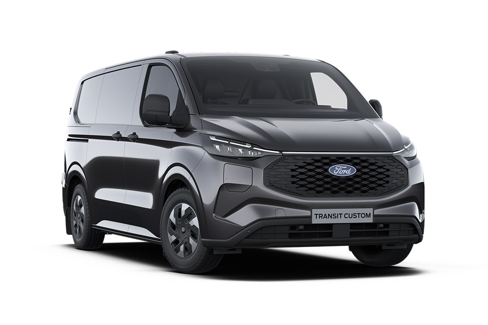 Ciemnoszary van Ford E-Transit Custom Trend, widok z przodu.