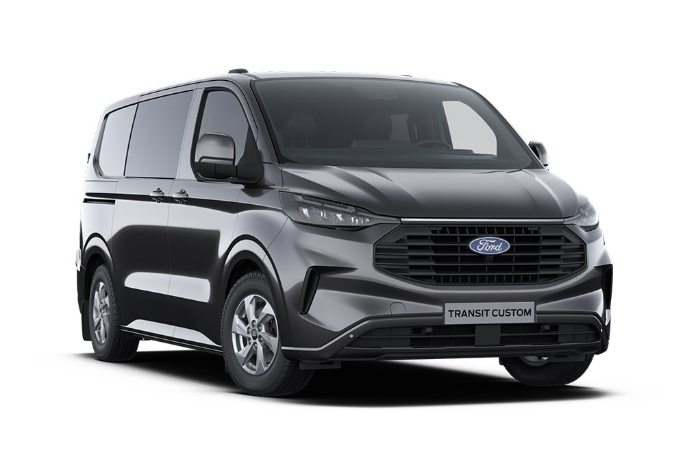 Front left angle of a dark grey Limited Ford Transit Custom Double Cab-in-Van on a white background.