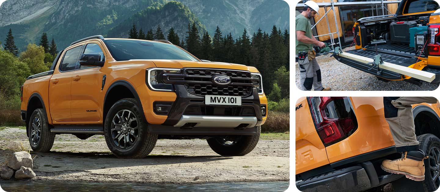 Żółty Ford Ranger Wildtrak zaparkowany na skalistym terenie na górskim tle.