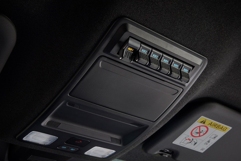 Zbliżenie na ręce podłączające kable do gniazda elektrycznego w skrzyni ładunkowej Forda Ranger.