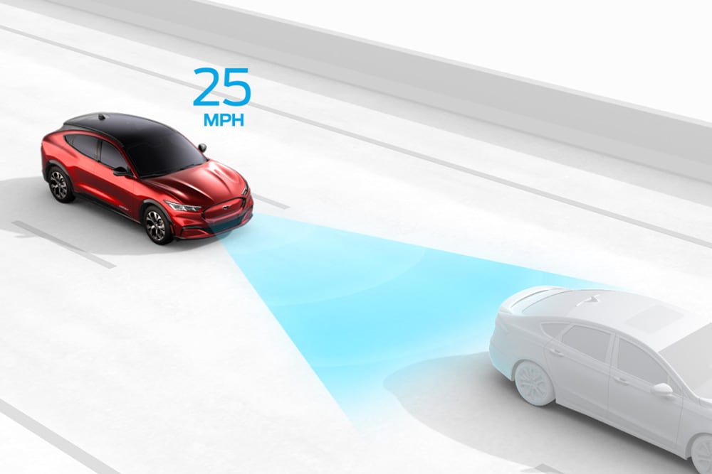 Grafika ilustrująca tempomat adaptacyjny w pojeździe Ford.