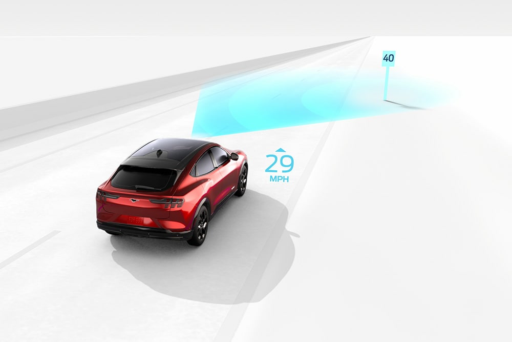 Grafika ilustrująca system rozpoznawania znaków drogowych w pojeździe Ford.