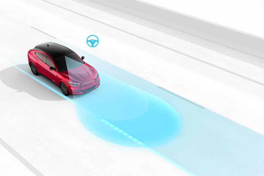 Grafika ilustrująca system kontroli pasa ruchu w pojeździe Ford.