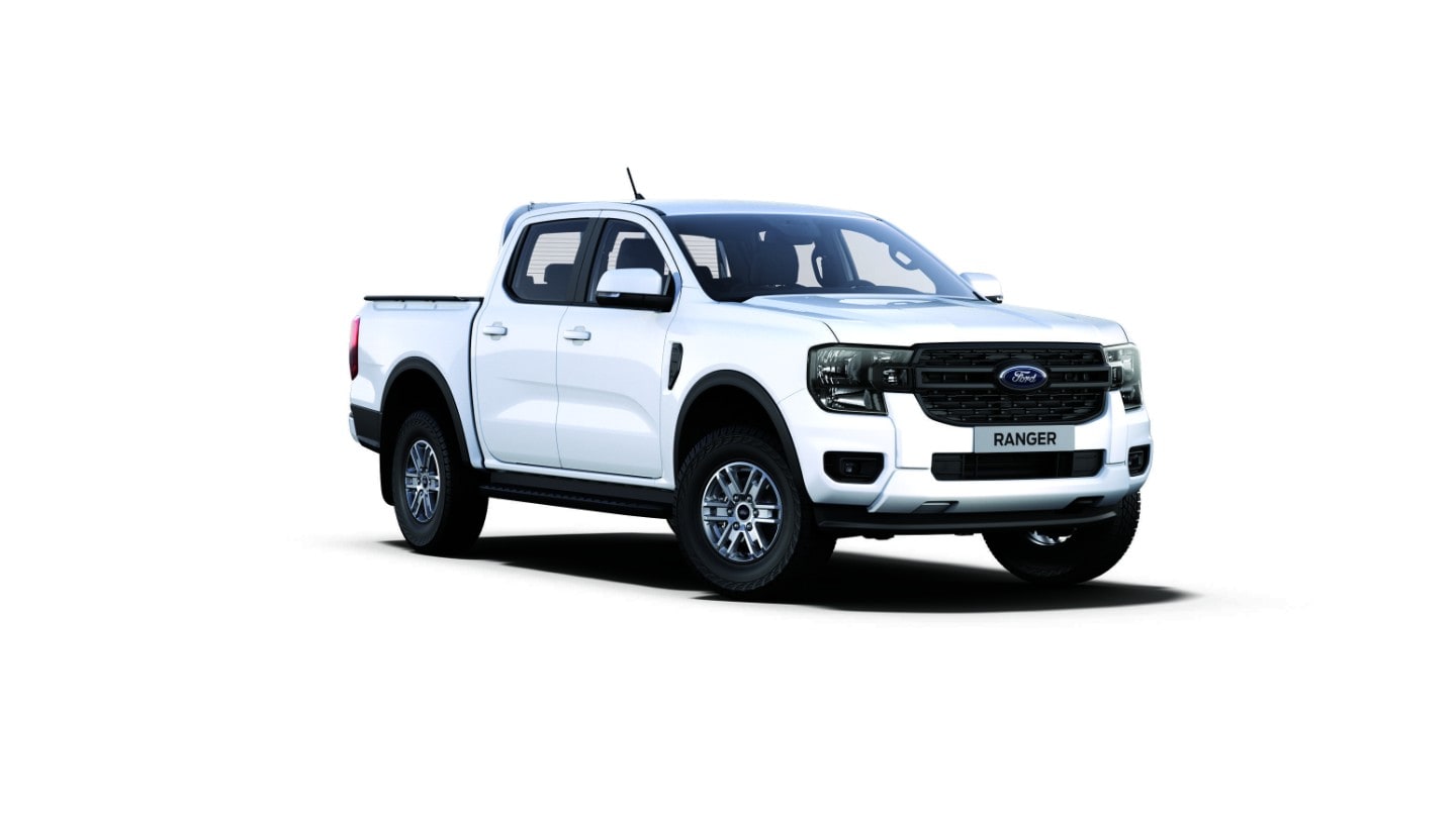 All-New Ranger XLT in frozen white 3/4 front view