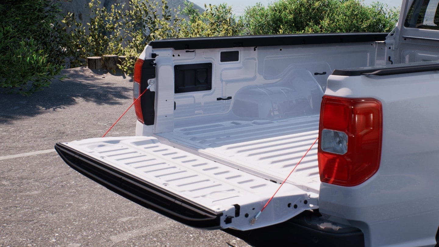 All-New Ford Ranger frozen white rear view close up of load bed