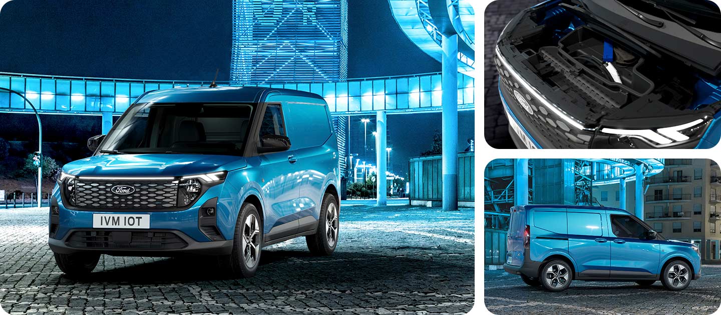 Niebieski Ford E-Transit Courier przód