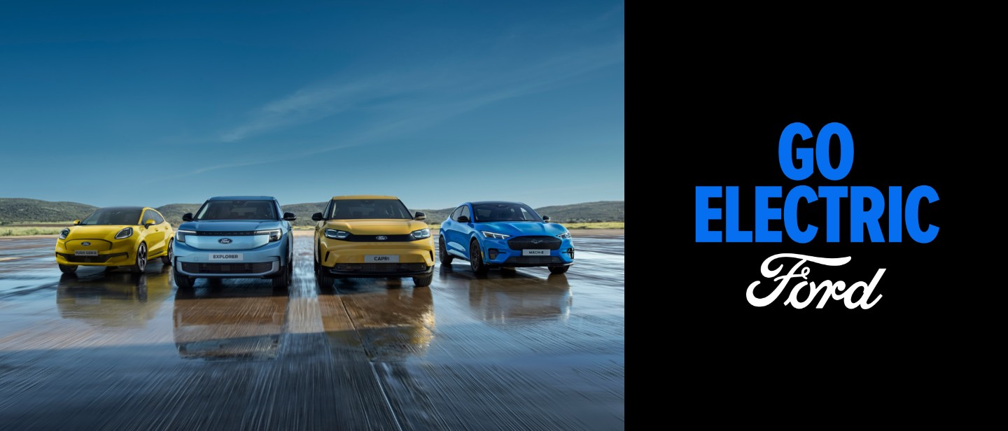 Gama samochodów elektrycznych Forda, w tym Ford Puma Gen-E, Ford Explorer, Ford Capri i Ford Mustang Mach-E.